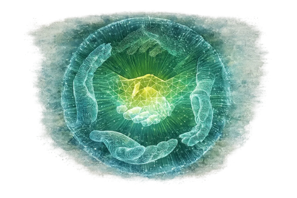 Recitera’s existing illustration of hands supporting a connected network
