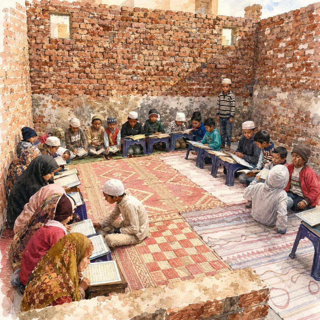 An illustration from Recitera’s existing scholarship programme page of children learning together