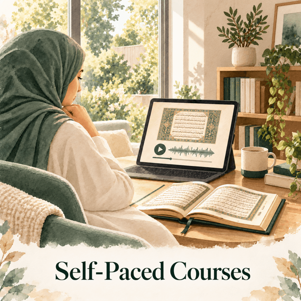 A learner practising Quran reading with a recorded lesson at home